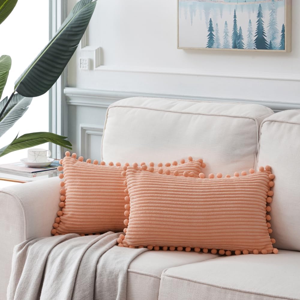2 Pack Peach Lumbar Decorative Throw Pillow Covers 12x20 Inch with Pom-poms for Couch Bedroom Sofa, Farmhouse Boho Home Decor, Soft Coral Corduroy Solid Rectangle Cushion Case 30x50 cm