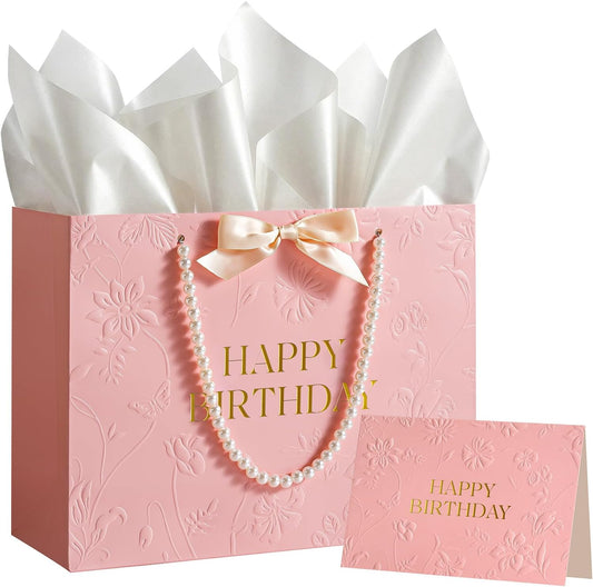 Pink Birthday Bags for Women with Pearl Handles, Tissue Paper and Card, Embossed Floral Design Happy Birthday Gift Bag for Women, Her, Female Friends，Coworkers