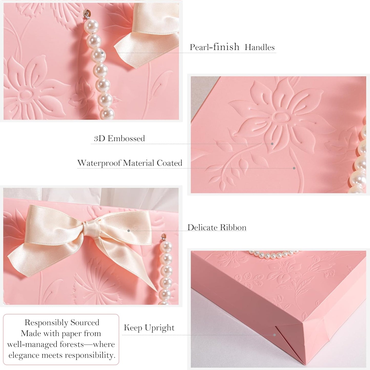 Pink Birthday Bags for Women with Pearl Handles, Tissue Paper and Card, Embossed Floral Design Happy Birthday Gift Bag for Women, Her, Female Friends，Coworkers