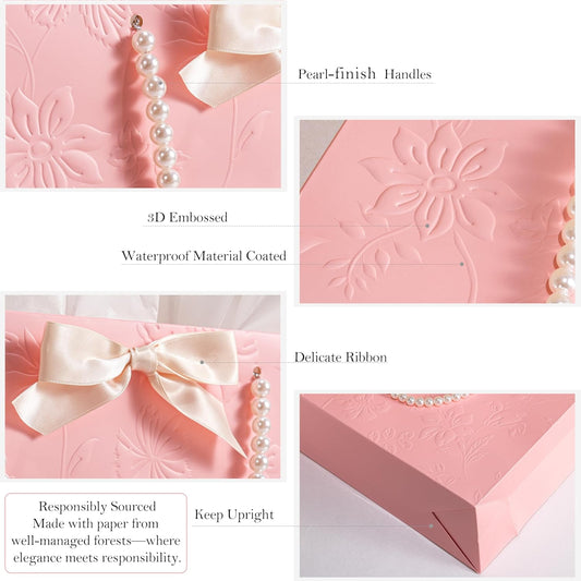 Pink Birthday Bags for Women with Pearl Handles, Tissue Paper and Card, Embossed Floral Design Happy Birthday Gift Bag for Women, Her, Female Friends，Coworkers