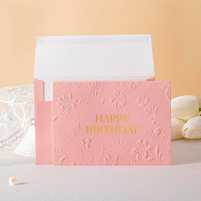 Pink Birthday Bags for Women with Pearl Handles, Tissue Paper and Card, Embossed Floral Design Happy Birthday Gift Bag for Women, Her, Female Friends，Coworkers