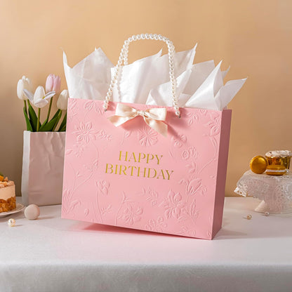 Pink Birthday Bags for Women with Pearl Handles, Tissue Paper and Card, Embossed Floral Design Happy Birthday Gift Bag for Women, Her, Female Friends，Coworkers
