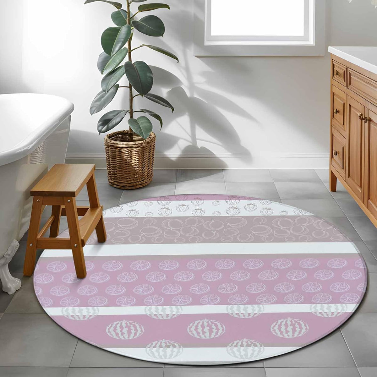 Farm Fruit Round Living Room Rugs 3.3 ft, Strawberries Peach Watermelon Lemon Pink Striped Washable Area Rug with Non-Slip Sturdy Edge Binding Round Front Door Mat Floor Carpet for Entryway