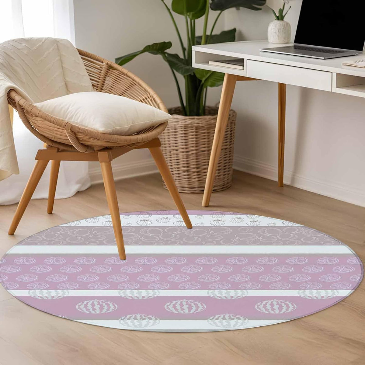 Farm Fruit Round Living Room Rugs 3.3 ft, Strawberries Peach Watermelon Lemon Pink Striped Washable Area Rug with Non-Slip Sturdy Edge Binding Round Front Door Mat Floor Carpet for Entryway