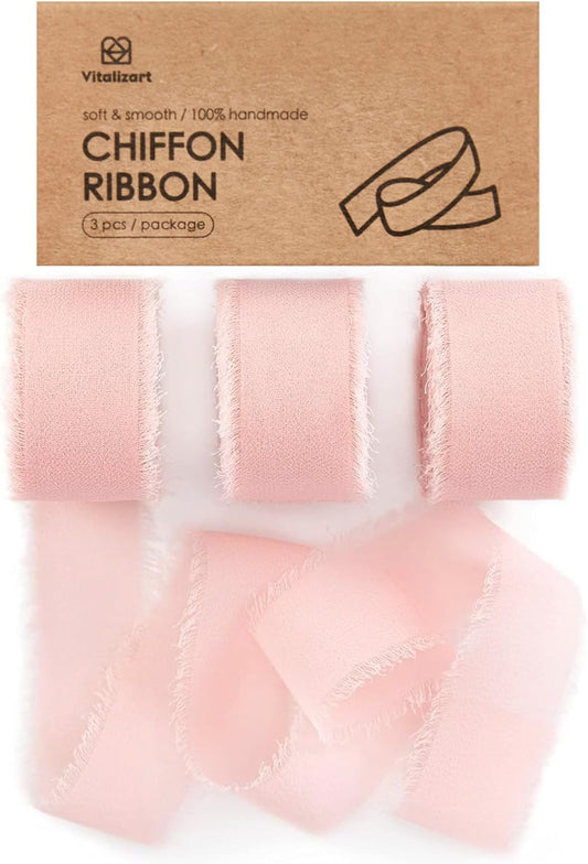 Blush Pink Chiffon Silk Ribbon 1" x 21 Yd Fringe Fabric Package (3 Rolls * 7 Yd) for Wedding Invitations Bridal Bouquets Decorations Gifts Wrapping & Bow Making Light Pink
