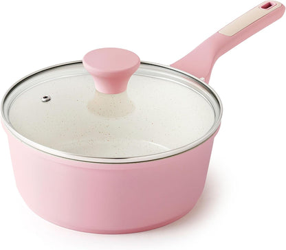 Ceramic Nonstick Saucepan with Lid 1.5 QT, PTFE/PFAS Free, Pink