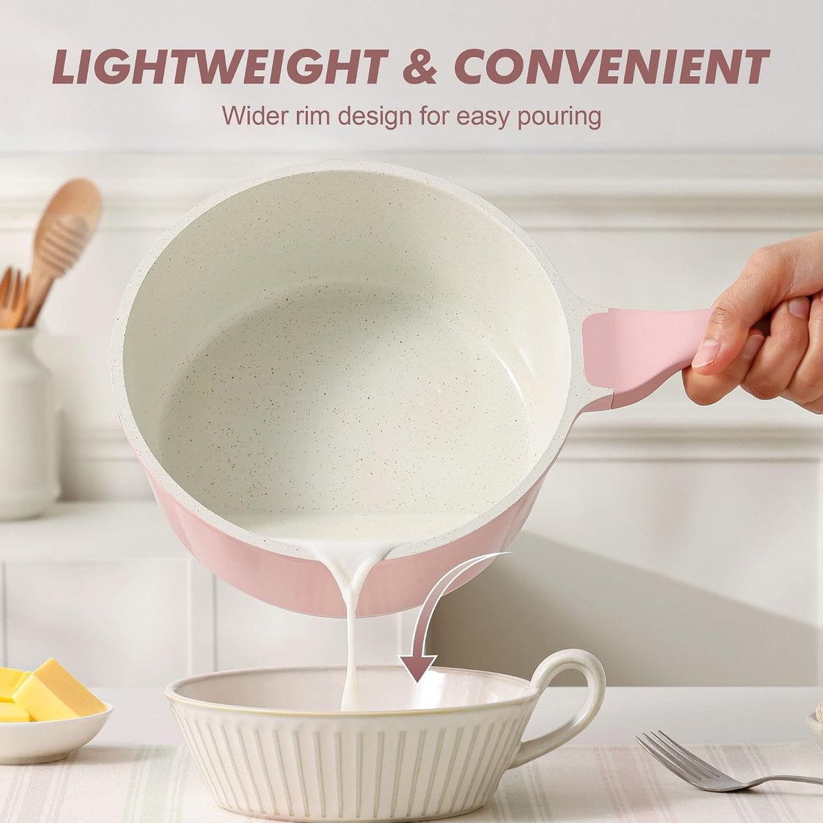 Ceramic Nonstick Saucepan with Lid 1.5 QT, PTFE/PFAS Free, Pink