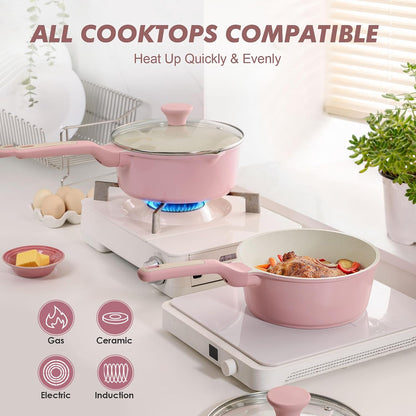 Ceramic Nonstick Saucepan with Lid 1.5 QT, PTFE/PFAS Free, Pink