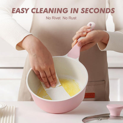 Ceramic Nonstick Saucepan with Lid 1.5 QT, PTFE/PFAS Free, Pink