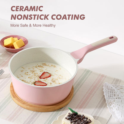 Ceramic Nonstick Saucepan with Lid 1.5 QT, PTFE/PFAS Free, Pink