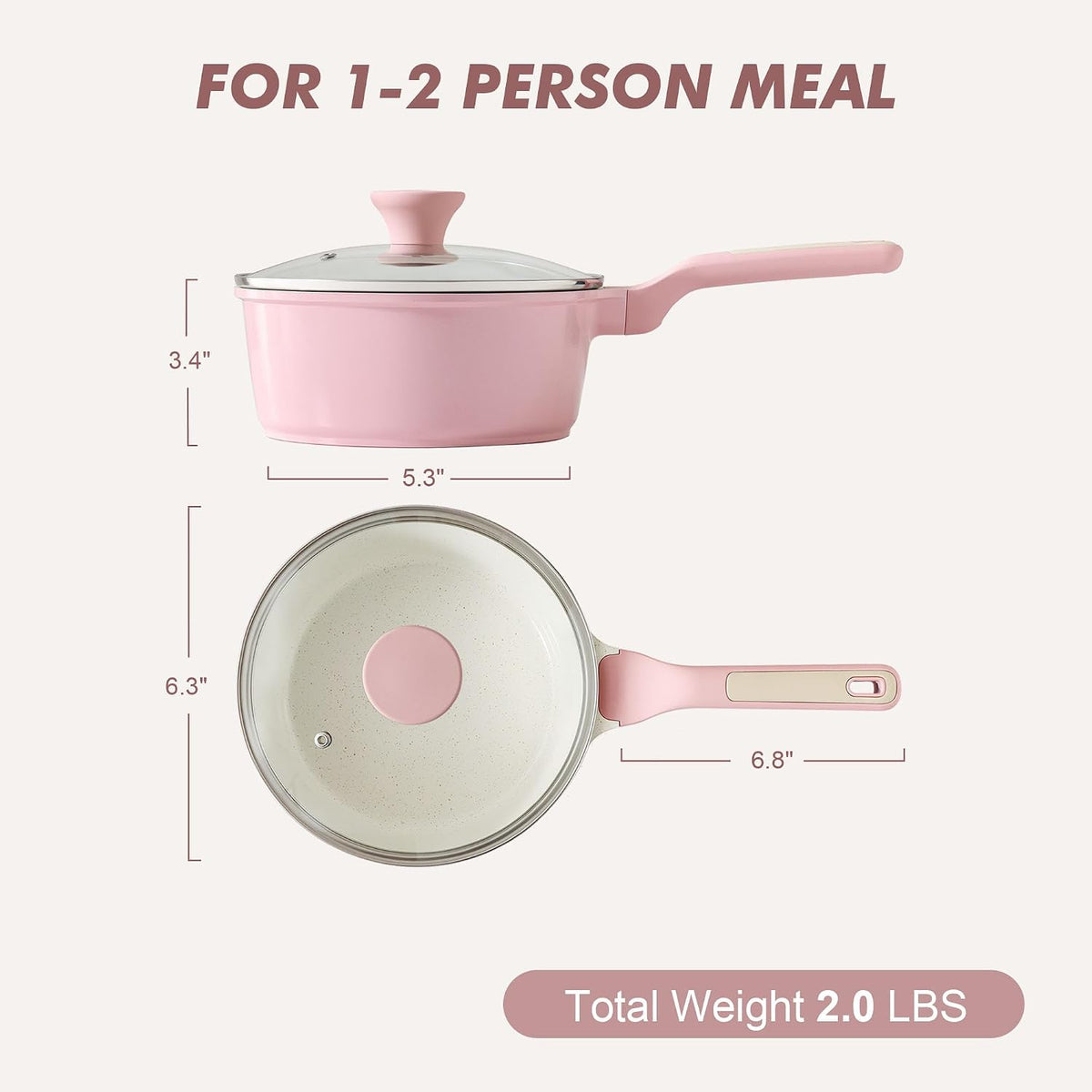 Ceramic Nonstick Saucepan with Lid 1.5 QT, PTFE/PFAS Free, Pink
