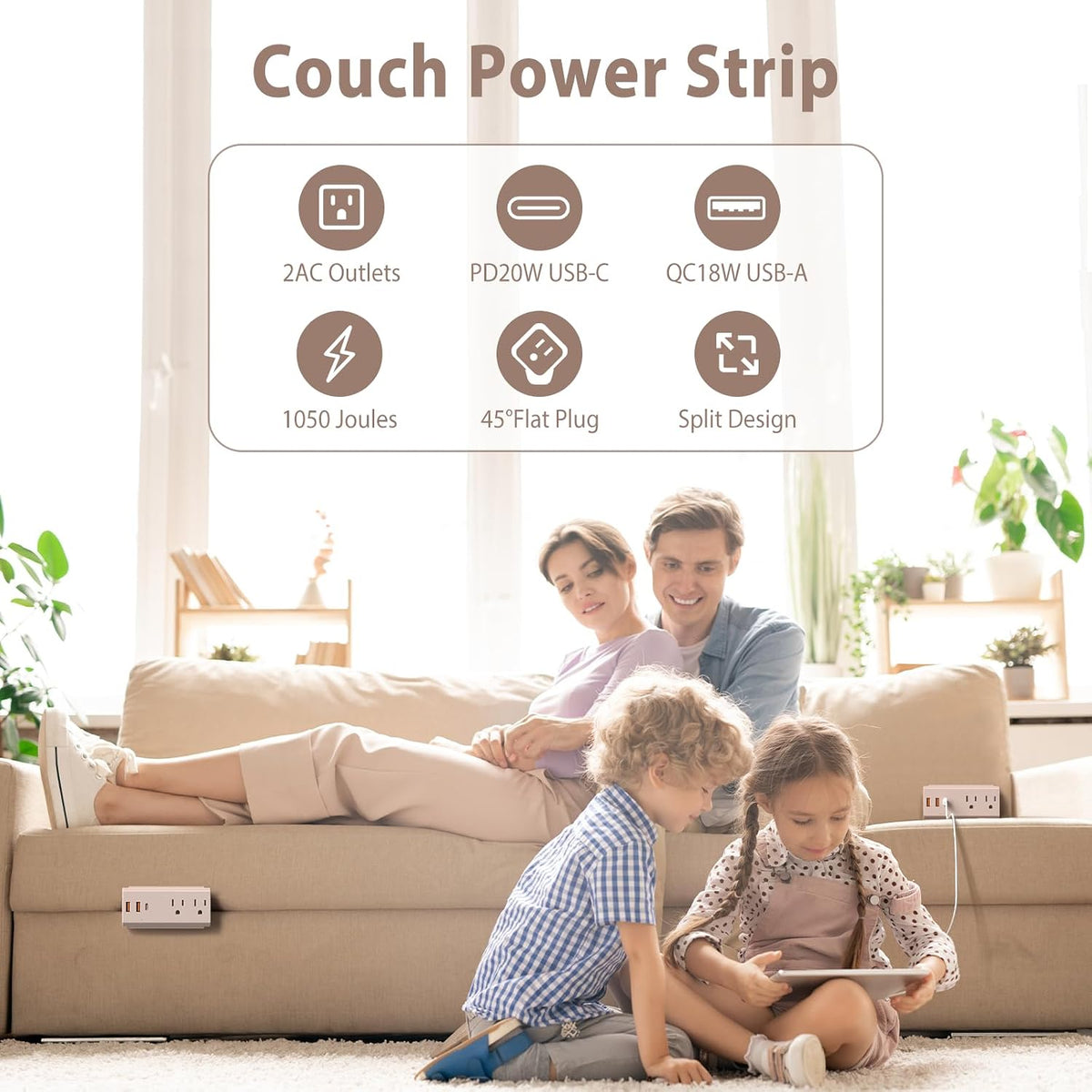 Couch Charging Station, Sofa Outlet with 2 AC Outlets 3USB Ports