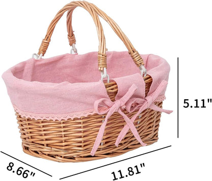 Small Wicker Basket with Removable Pink Liner, Willow Storage Basket for Gifts with Double Handles, Easter Basket,Wedding,Egg Gathering,Pink