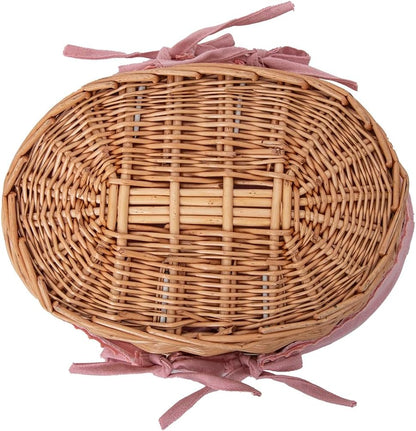 Small Wicker Basket with Removable Pink Liner, Willow Storage Basket for Gifts with Double Handles, Easter Basket,Wedding,Egg Gathering,Pink