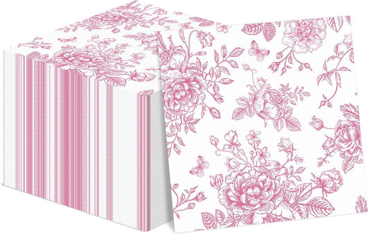 gisgfim 100PCS Pink Floral Napkins Disposable Vintage Pink Flower Paper Napkin Bouquet Beverage Dinner Square Hand Towels for Bridal Tea Wedding Birthday Party Supplies Table Decorations