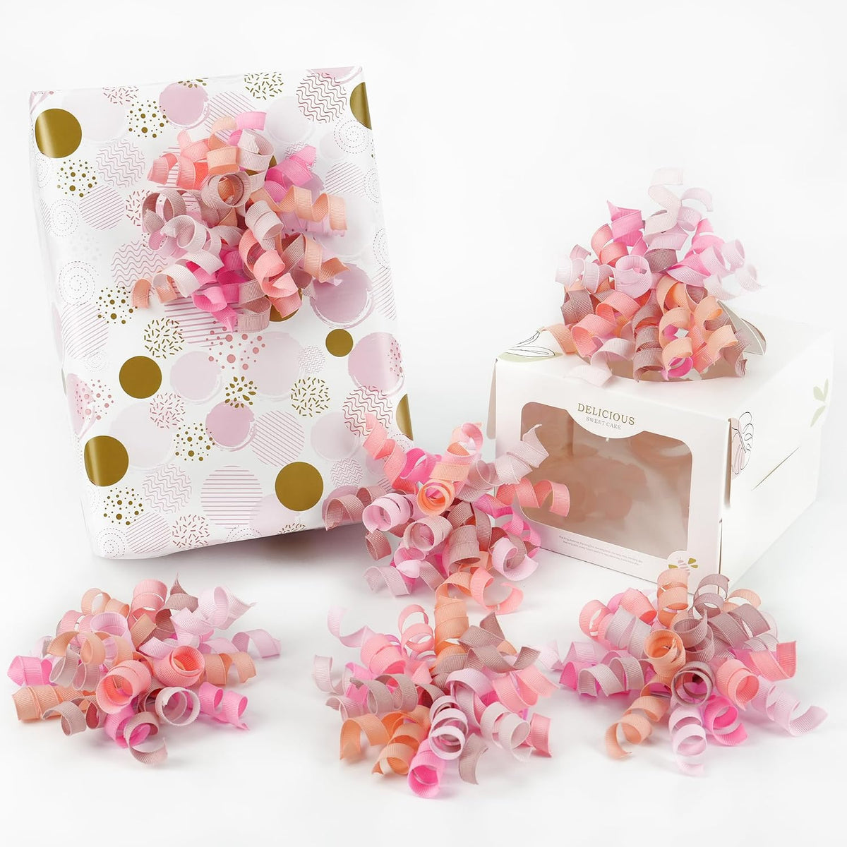 Dusty Pink & Rose Bows for Gift Wrapping, Self-Adhesive Curly Ribbons for Presents, Wine Bottles, Treat Bags, Birthday & Wedding Favors - 6 Counts