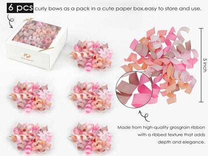 Dusty Pink & Rose Bows for Gift Wrapping, Self-Adhesive Curly Ribbons for Presents, Wine Bottles, Treat Bags, Birthday & Wedding Favors - 6 Counts