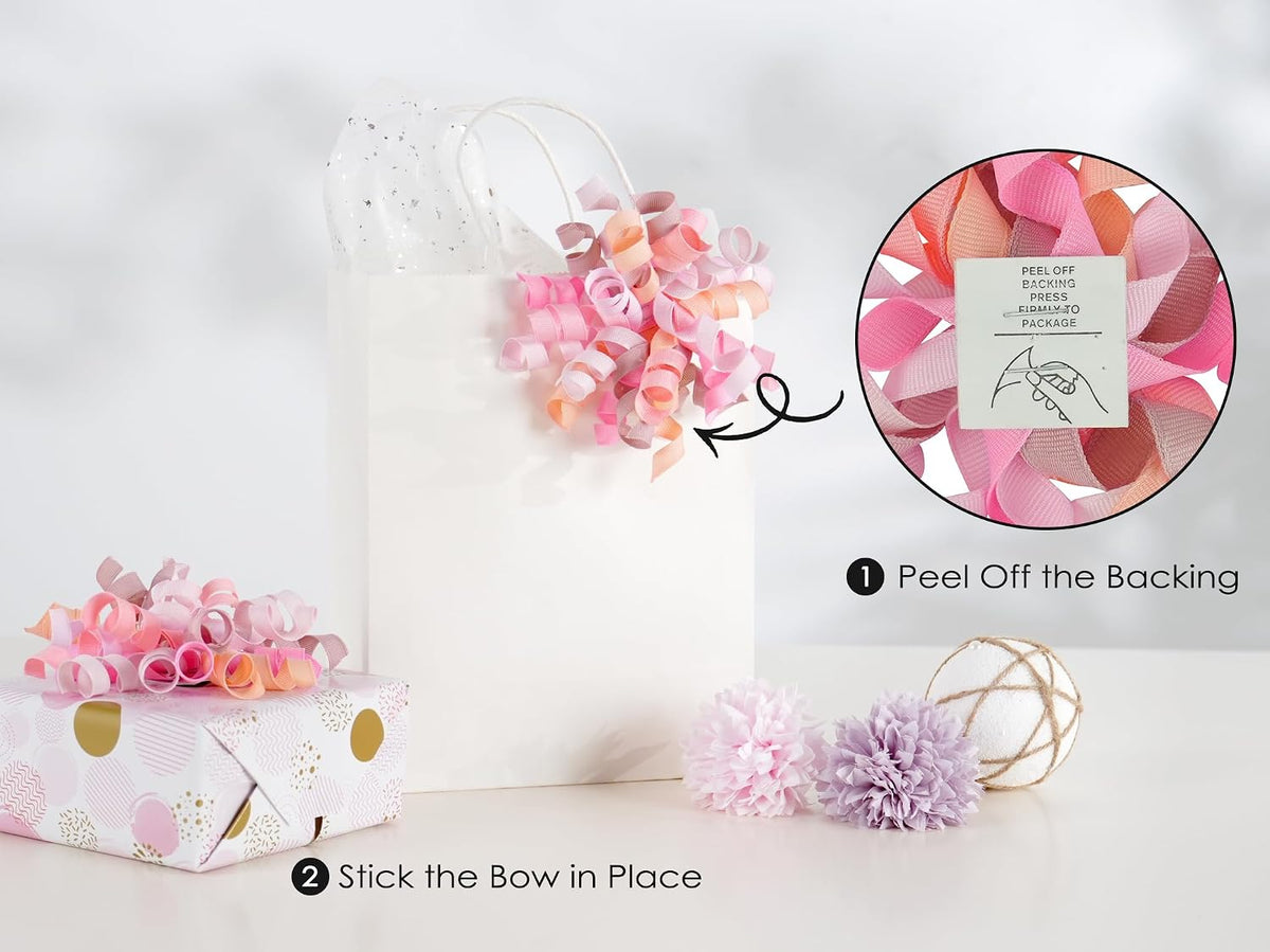 Dusty Pink & Rose Bows for Gift Wrapping, Self-Adhesive Curly Ribbons for Presents, Wine Bottles, Treat Bags, Birthday & Wedding Favors - 6 Counts