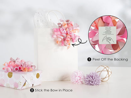 Dusty Pink & Rose Bows for Gift Wrapping, Self-Adhesive Curly Ribbons for Presents, Wine Bottles, Treat Bags, Birthday & Wedding Favors - 6 Counts