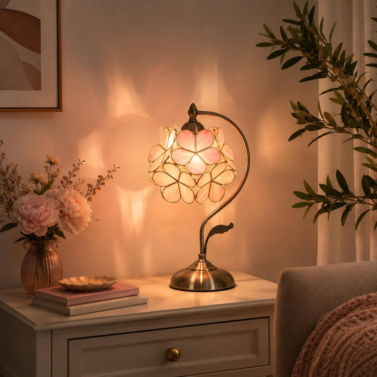 L10732 Pink Cherry Blossom Tiffany Style Stained Glass Table Lamp