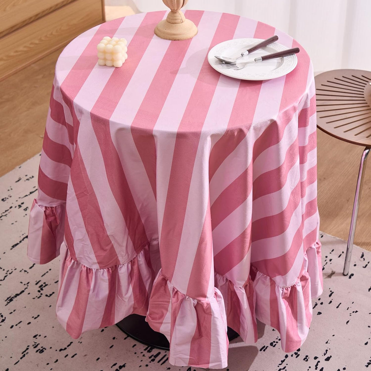 Ombre Pink Striped Round Tablecloth 70 Inch Boho Ruffle Velvet Table Cloth Washable Table Cover for Round Tables Kitchen Baby Shower Party Wedding Decor (Pink B,70")