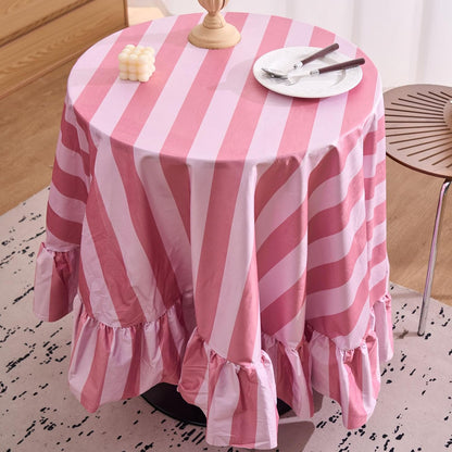 Ombre Pink Striped Round Tablecloth 70 Inch Boho Ruffle Velvet Table Cloth Washable Table Cover for Round Tables Kitchen Baby Shower Party Wedding Decor (Pink B,70")