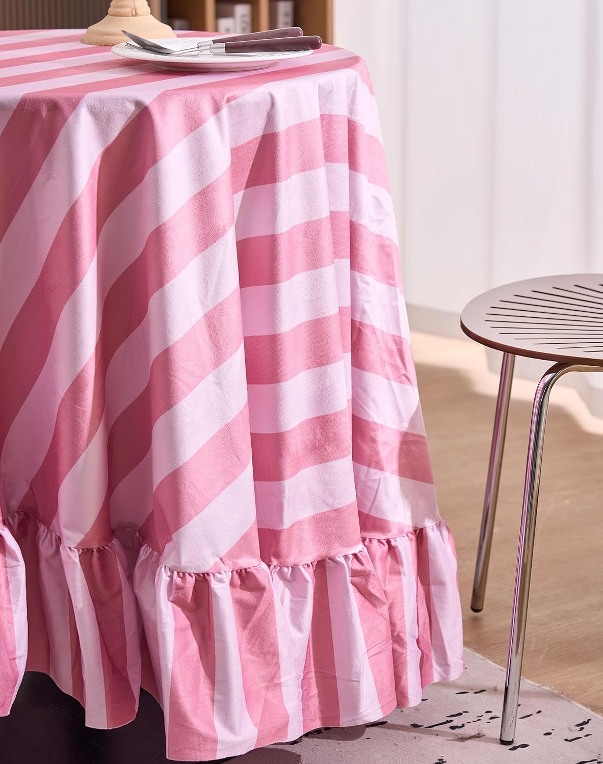Ombre Pink Striped Round Tablecloth 70 Inch Boho Ruffle Velvet Table Cloth Washable Table Cover for Round Tables Kitchen Baby Shower Party Wedding Decor (Pink B,70")