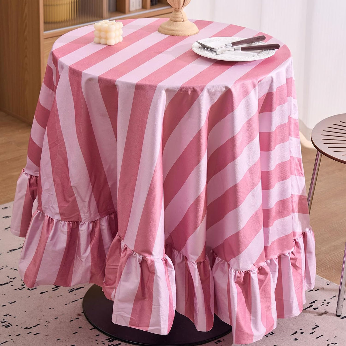 Ombre Pink Striped Round Tablecloth 70 Inch Boho Ruffle Velvet Table Cloth Washable Table Cover for Round Tables Kitchen Baby Shower Party Wedding Decor (Pink B,70")