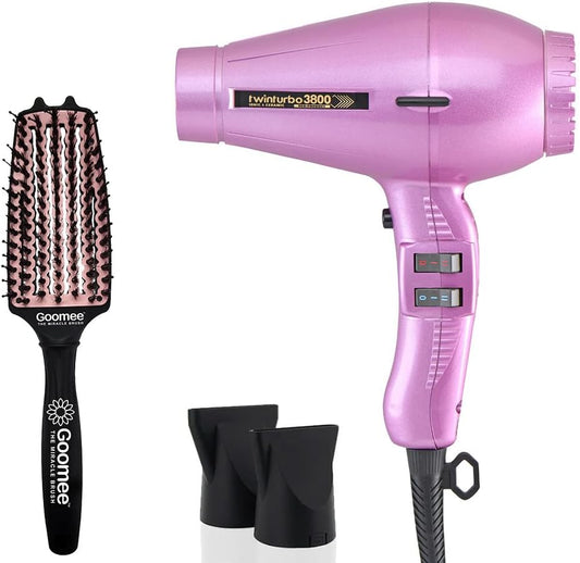 Turbo Power 3800 Ionic & Ceramic Pink Hair Dryer and Miracle Medium Detangling Brush Blush Pink