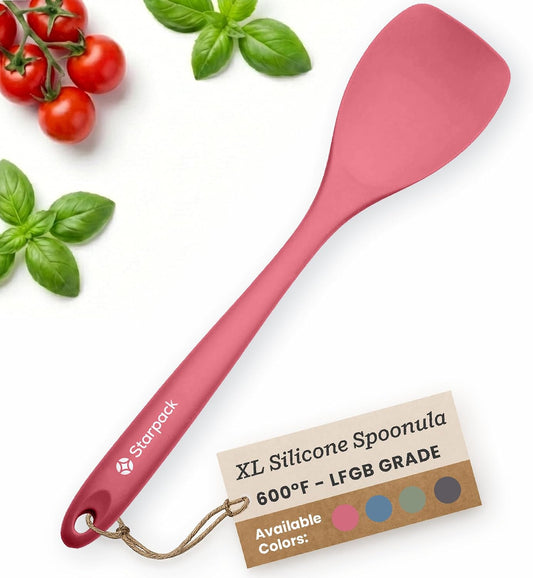 StarPack XL Spoonula The All-Rounder 13.5 Inch - LFGB Silicone Spoon Spatula, 600°F Heat Resistant, BPA-Free - One-Piece Seamless, Dishwasher Safe - for Nonstick Cookware and Deep Pots, Earthy Pink
