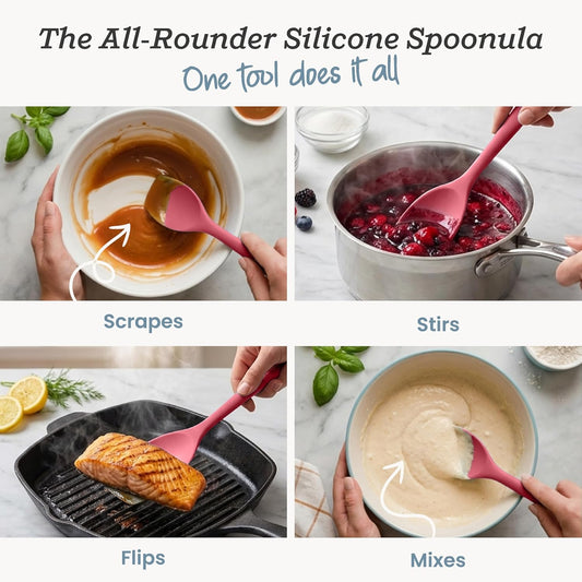 StarPack XL Spoonula The All-Rounder 13.5 Inch - LFGB Silicone Spoon Spatula, 600°F Heat Resistant, BPA-Free - One-Piece Seamless, Dishwasher Safe - for Nonstick Cookware and Deep Pots, Earthy Pink