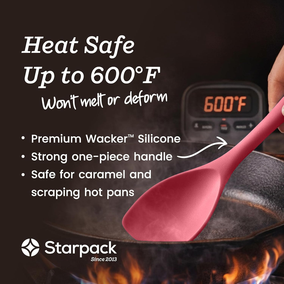 StarPack XL Spoonula The All-Rounder 13.5 Inch - LFGB Silicone Spoon Spatula, 600°F Heat Resistant, BPA-Free - One-Piece Seamless, Dishwasher Safe - for Nonstick Cookware and Deep Pots, Earthy Pink