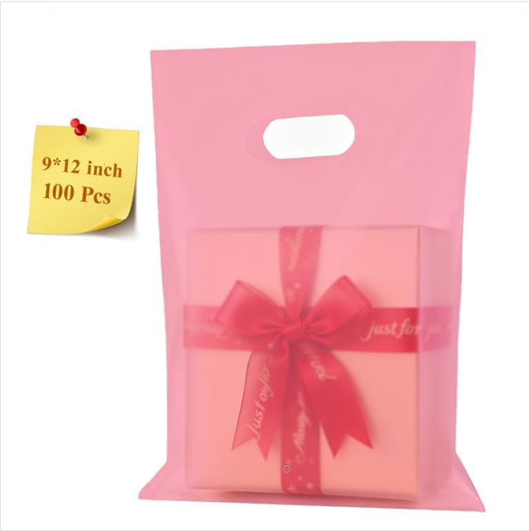 100 Pcs Plastic Bags With Handles 9"x12", Clear Gift Bags Shopping Merchandise bags for Small Business Retail Stores Gifts (Pink)