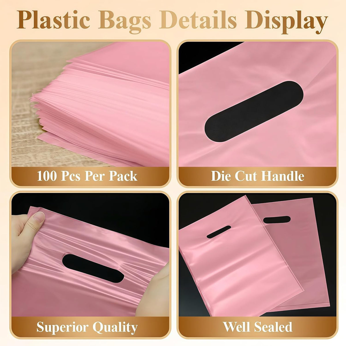 100 Pcs Plastic Bags With Handles 9"x12", Clear Gift Bags Shopping Merchandise bags for Small Business Retail Stores Gifts (Pink)