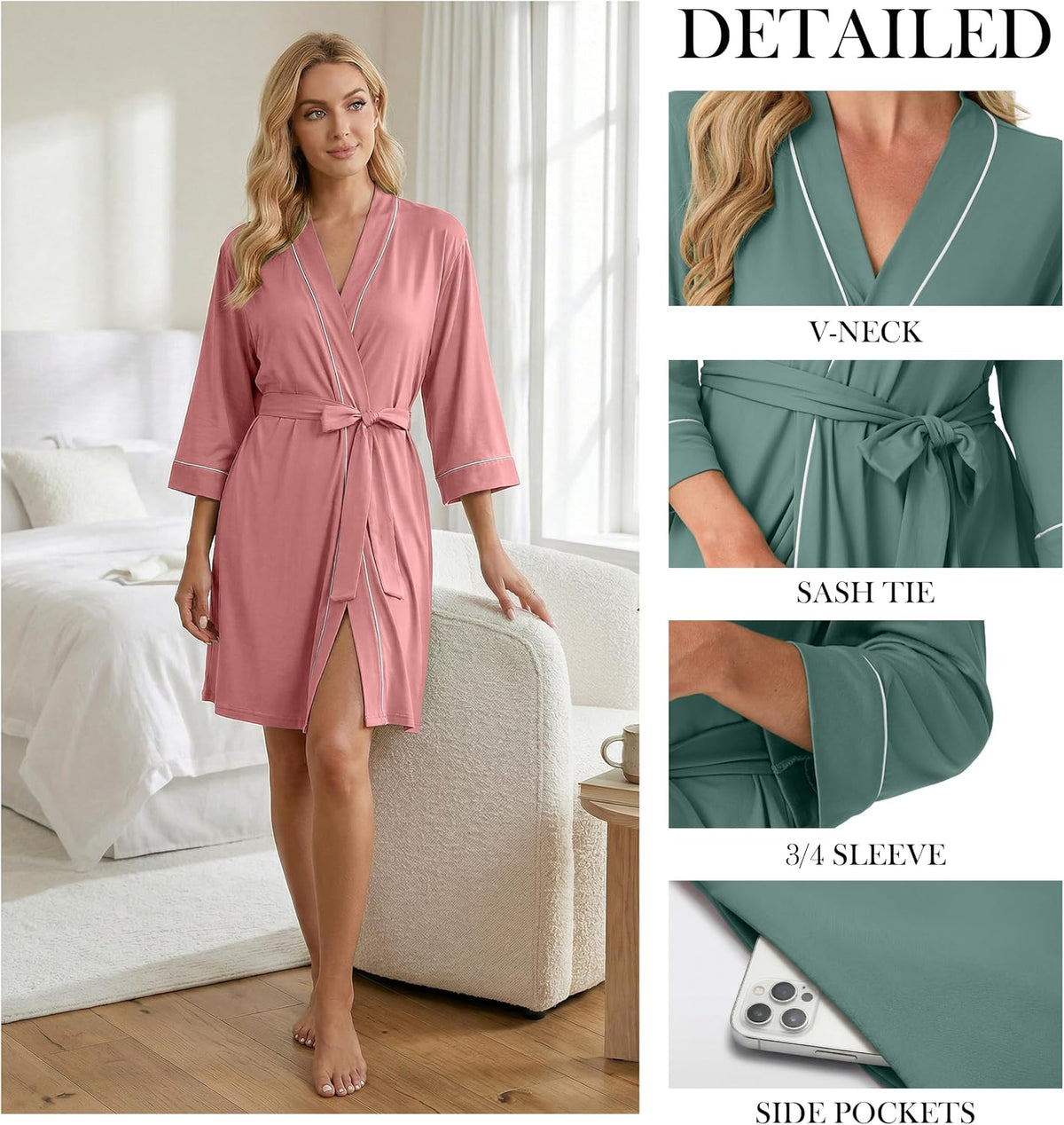Womens Robe Knee Length Soft Knit Bathrobe S-2XL