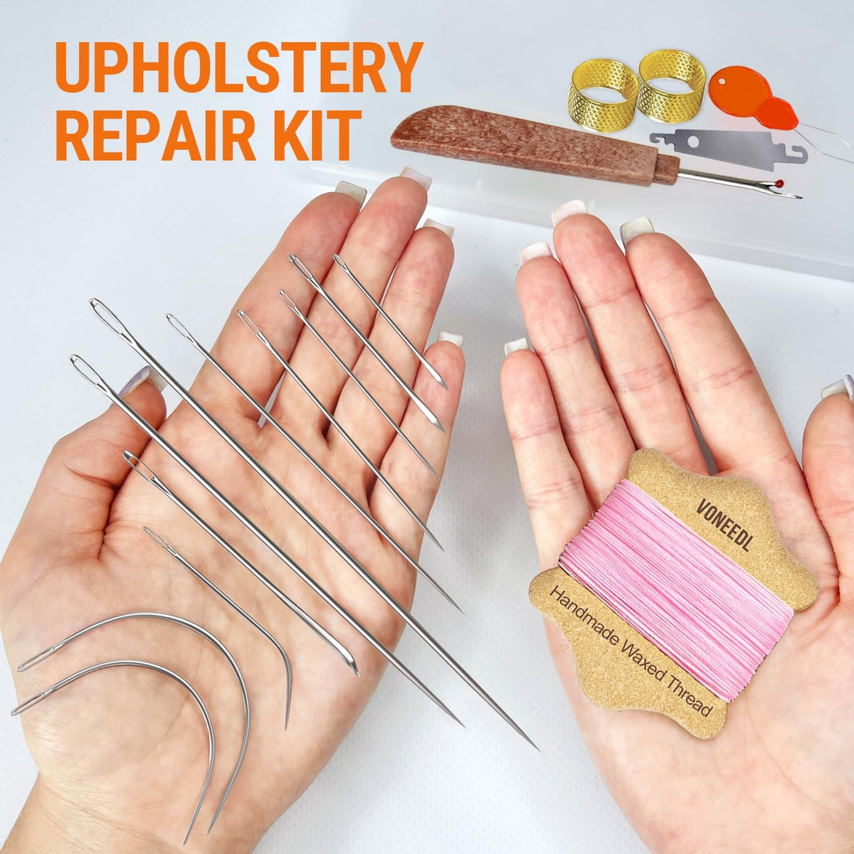 Upholstery Repair Kit: Waxed Sewing Thread (Pink Color) & Heavy Duty Needles (11 PCS) for Leather, Canvas & Quilting Thread