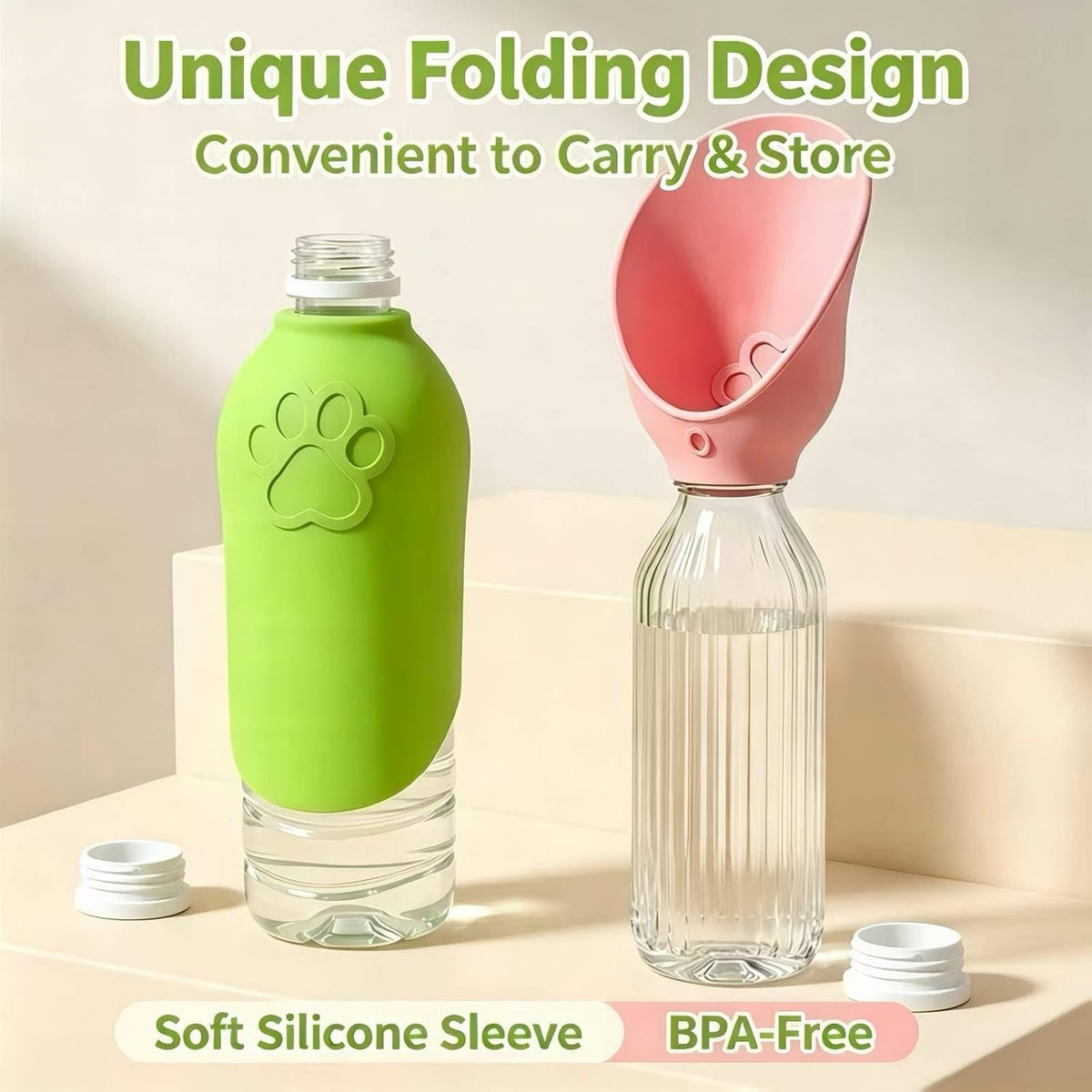 2PCS Dog Water Bottle Adapter Portable Silicone Dog Water Dispenser for Standard Water Bottles Leak Proof Outdoor Foldable Pet Water Feeder Bowl Dog Cat Walking Hiking Travel (Pink+Green)