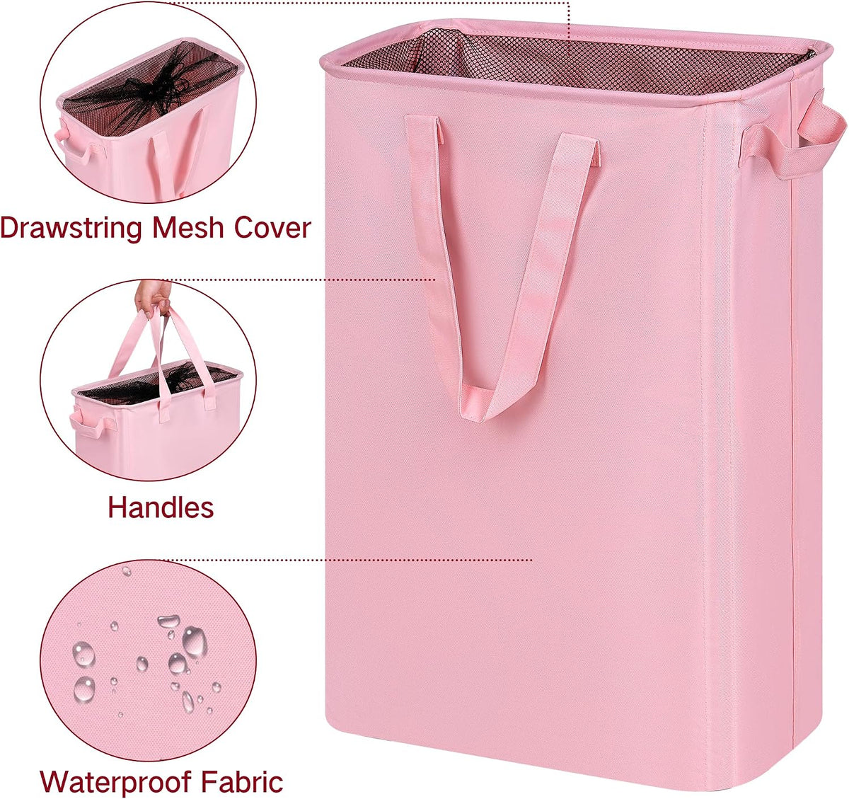 Slim Laundry Basket, Narrow Laundry Hamper with Handles, Collapsible Dirty Clothes Hamper, Tall Laundry Bin for Laundry Room, Dorm and Bedroom, 12.7 Gallons(48L) Pink