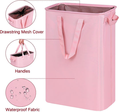 Slim Laundry Basket, Narrow Laundry Hamper with Handles, Collapsible Dirty Clothes Hamper, Tall Laundry Bin for Laundry Room, Dorm and Bedroom, 12.7 Gallons(48L) Pink