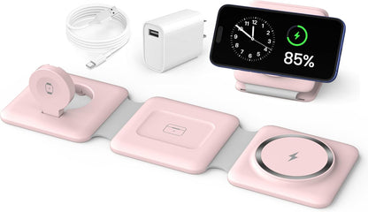 Charging Station for Apple Multiple Devices: 3 in 1 Foldable Magnetic Stand - Travel Charging Dock Compatible with iPhone 17 16 15 14 13 12 Pro Max Plus Apple Watch AirPods