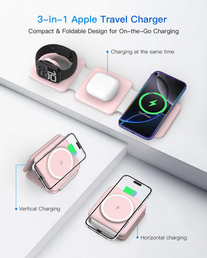 Charging Station for Apple Multiple Devices: 3 in 1 Foldable Magnetic Stand - Travel Charging Dock Compatible with iPhone 17 16 15 14 13 12 Pro Max Plus Apple Watch AirPods