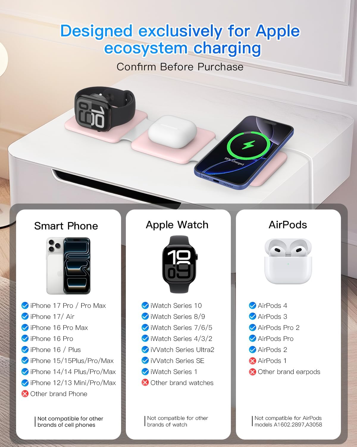 Charging Station for Apple Multiple Devices: 3 in 1 Foldable Magnetic Stand - Travel Charging Dock Compatible with iPhone 17 16 15 14 13 12 Pro Max Plus Apple Watch AirPods