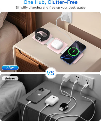 Charging Station for Apple Multiple Devices: 3 in 1 Foldable Magnetic Stand - Travel Charging Dock Compatible with iPhone 17 16 15 14 13 12 Pro Max Plus Apple Watch AirPods