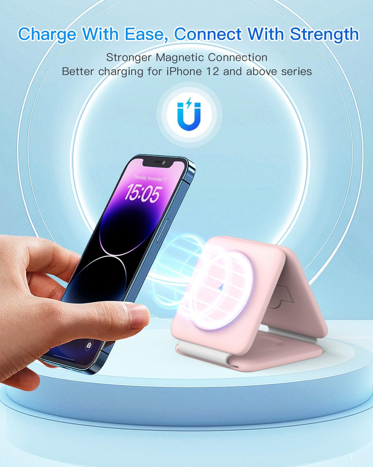 Charging Station for Apple Multiple Devices: 3 in 1 Foldable Magnetic Stand - Travel Charging Dock Compatible with iPhone 17 16 15 14 13 12 Pro Max Plus Apple Watch AirPods
