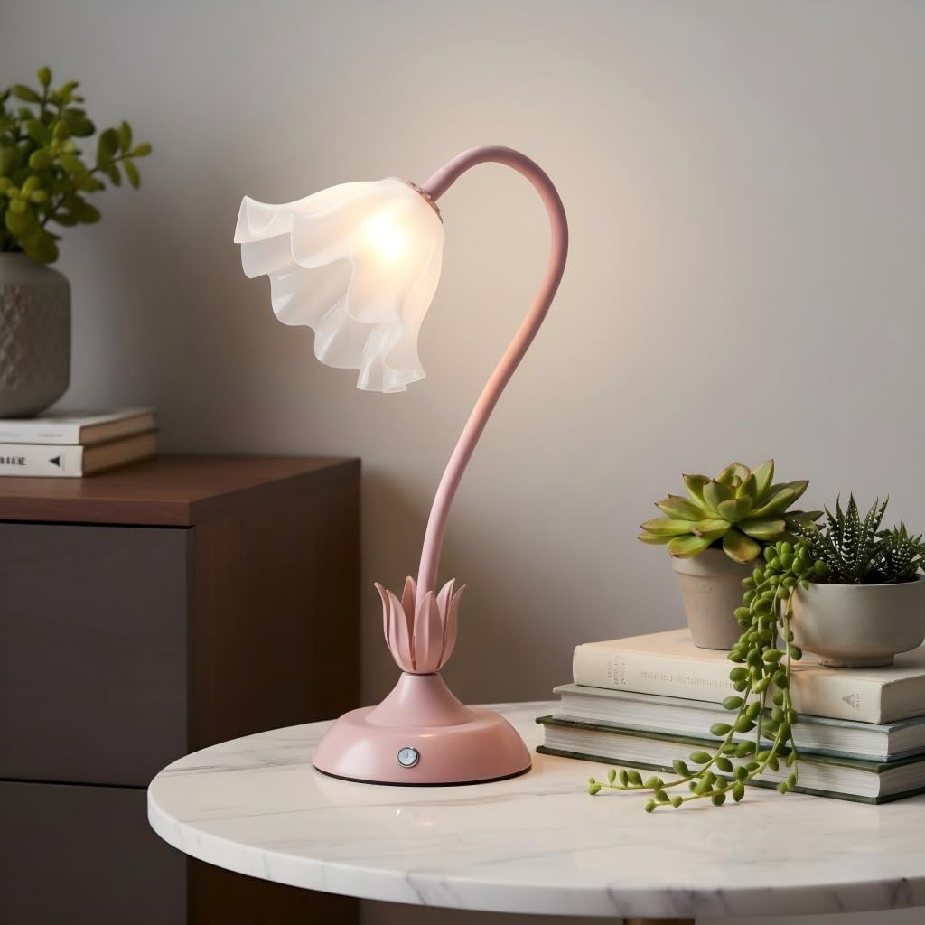 Cordless Flower Table Lamp Pink, Valentine‘s Gift, 5200-mAh Rechargeable Touch Lamp, 3-Way Dimmable, Build-in Integrated LED 320 Lumen Max, for Nightstand Bedroom Living Room