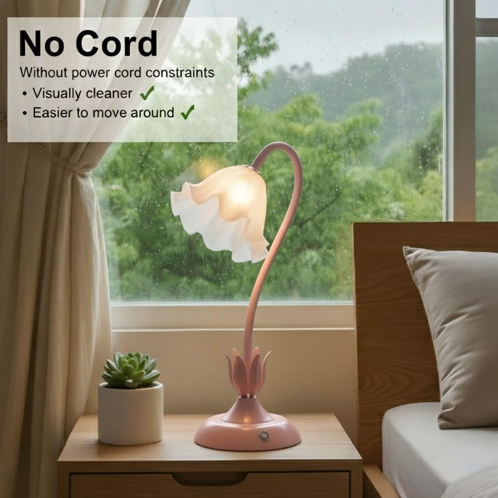 Cordless Flower Table Lamp Pink, Valentine‘s Gift, 5200-mAh Rechargeable Touch Lamp, 3-Way Dimmable, Build-in Integrated LED 320 Lumen Max, for Nightstand Bedroom Living Room