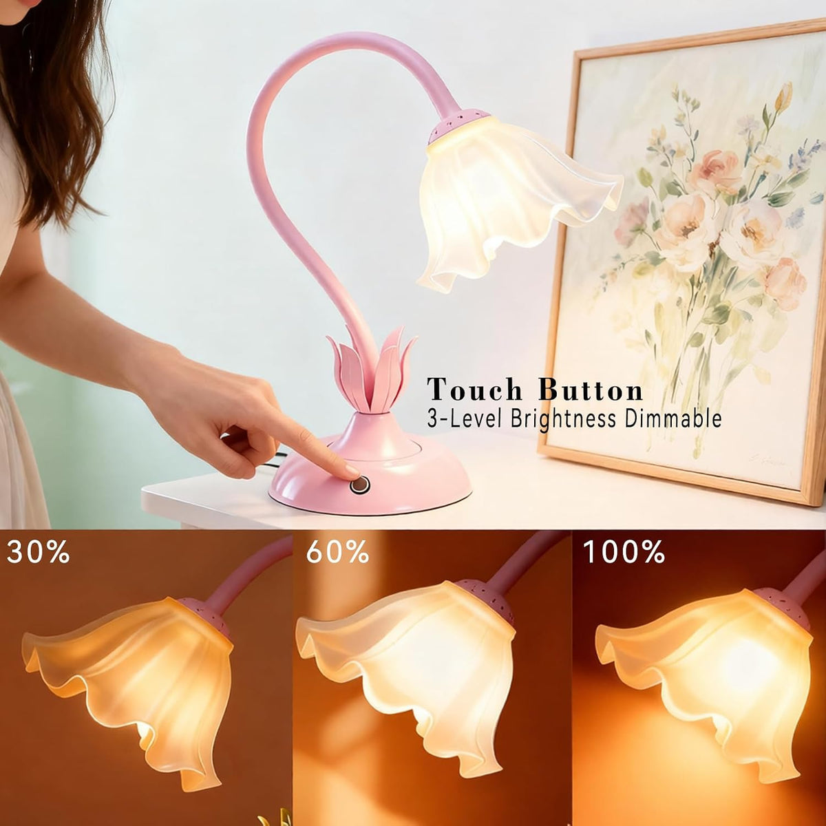 Cordless Flower Table Lamp Pink, Valentine‘s Gift, 5200-mAh Rechargeable Touch Lamp, 3-Way Dimmable, Build-in Integrated LED 320 Lumen Max, for Nightstand Bedroom Living Room