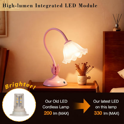 Cordless Flower Table Lamp Pink, Valentine‘s Gift, 5200-mAh Rechargeable Touch Lamp, 3-Way Dimmable, Build-in Integrated LED 320 Lumen Max, for Nightstand Bedroom Living Room