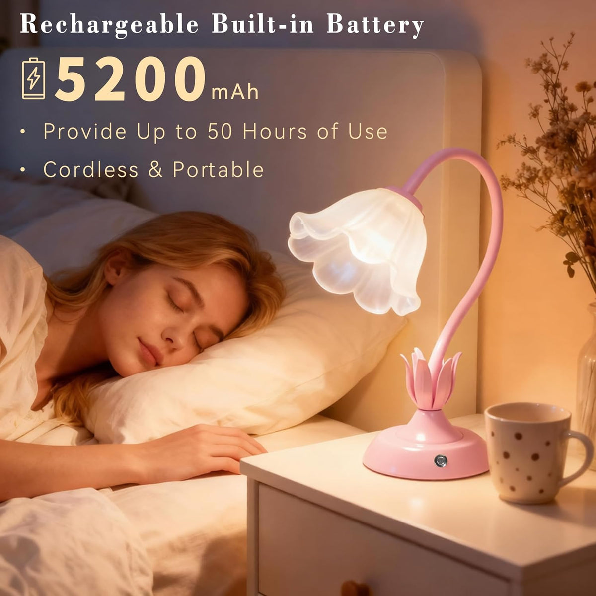 Cordless Flower Table Lamp Pink, Valentine‘s Gift, 5200-mAh Rechargeable Touch Lamp, 3-Way Dimmable, Build-in Integrated LED 320 Lumen Max, for Nightstand Bedroom Living Room