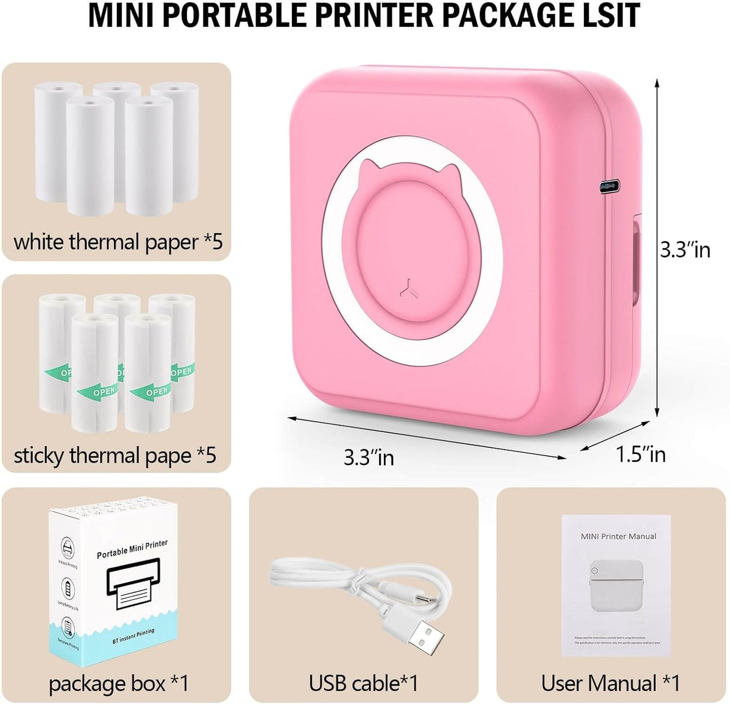 Inkless Mini Thermal Pocket Printer, Wireless Mini Sticker Printer with 10 Rolls Thermal Paper for iOS&Android, Portable Mini Photo Printer for Notes Journal Memo Photo Study, Pink